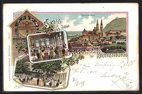 Lithographie Klosterneuburg, Gasthaus Stiftskeller, Fasselrutschen, Veranda mit Saal, Aussen- u. Innenansicht