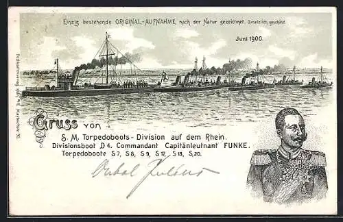 Lithographie S.M. Torpedoboots-Division auf dem Rhein, 1900, mit Divisionsboot D4, Capitänleutnant Funke