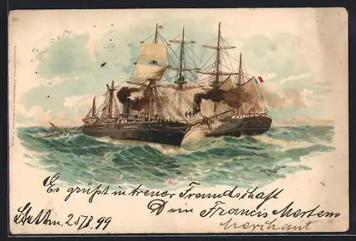 Lithographie Kampf zwischen den Kriegsschiffen Meteor und Bouvet vor Habana, 9.11.1870