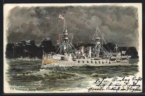 Lithographie S.M. Panzerschiff König Wilhelm bei voller Fahrt