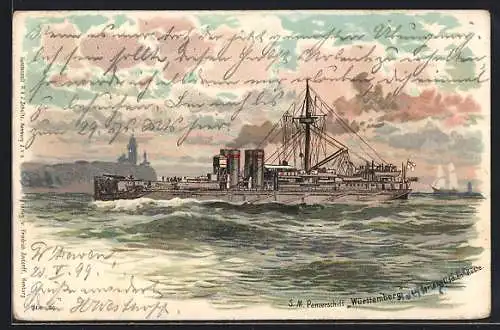 Lithographie Kriegsschiff S.M. Panzerschiff Württemberg an der englischen Küste