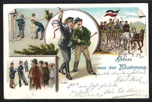 Lithographie Gruss von der Musterung, junge Männer treten ihre Musterung an, Soldaten begutachten die jungen Männer