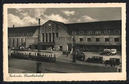 AK Karlsruhe, Strassenbahn am Hauptbahnhof