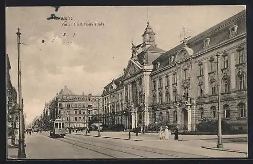 AK Karlsruhe, Strassenbahn am Postamt in der Kaiserstrasse