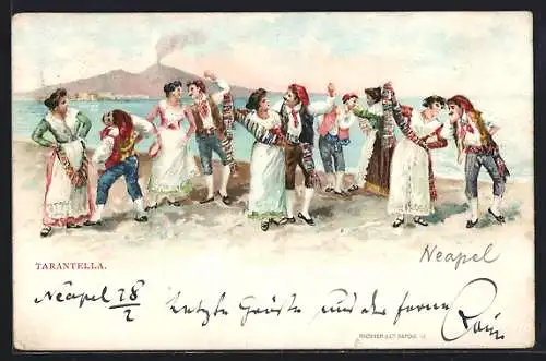 Lithographie Italienische Paare beim Tanzen der Tarantella vor Vesuv-Kulisse