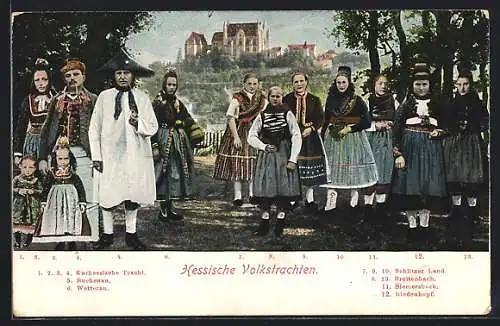 AK Frauen und Männer in Hessischen Volkstrachten, hessische Tracht