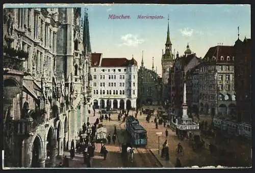 AK München, Marienplatz mit Café Rathaus und Strassenbahn