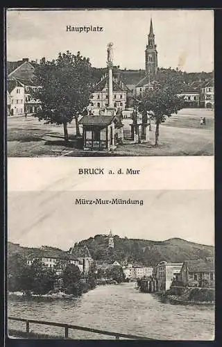 AK Bruck a. d. Mur, Hauptplatz mit Säule, Mürz-Mur-Mündung