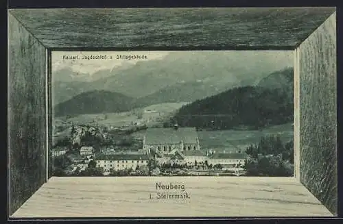 AK Neuberg in Steiermark, Kaiserl. Jagdschloss & Stiftsgebäude, Holzrahmen-Passepartout