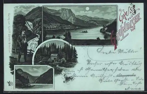 Mondschein-Lithographie Grundlsee, Panorama, Ranftmühle bei Gössl