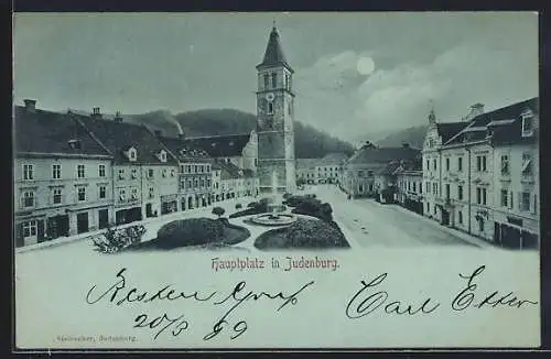 AK Judenburg, Hauptplatz mit Stadtturm und Brunnen