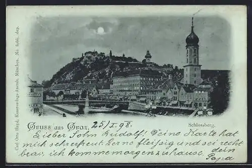 Mondschein-AK Graz, Teilansicht mit Brücke und Schlossberg