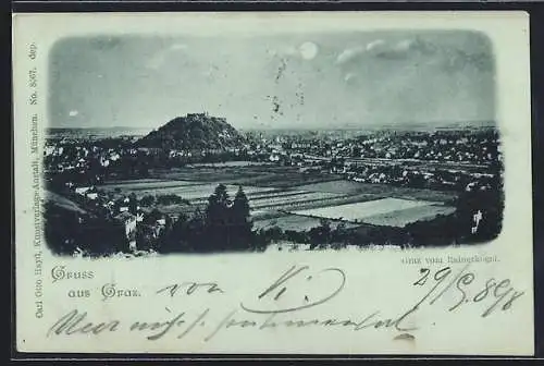 Mondschein-AK Graz, Ortsansicht vom Rainerkogel aus