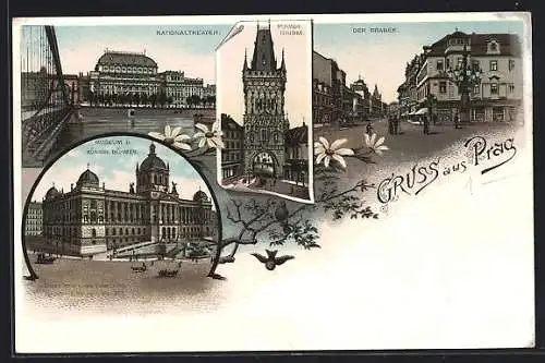 Lithographie Prag, Narodni Divadlo, Brasna Brana, Prikopy, Museum Kral Ceskeho