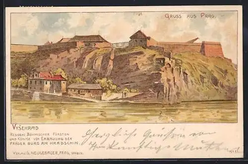 Lithographie Prag / Praha, Vysehrad, Residenz Böhmischer Fürsten und Könige