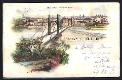 Lithographie Prag / Praha, Teilansicht mit Kaiser Franz Josefsbrücke