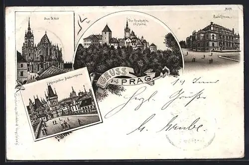 Lithographie Prag / Praha, Dom St. Veit, Der Hradschin, Kleinseitner Brückenthürme