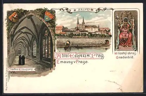 Lithographie Prag / Praha, Abtei Emaus, Chodba-Kreuzgang, Gnadenbild