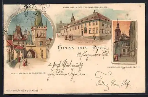 Lithographie Prag / Praha, Karlsbrücke, Karluv most, Kleinseitner Brückenthürme, Waiseninstitut der ital. Congregation