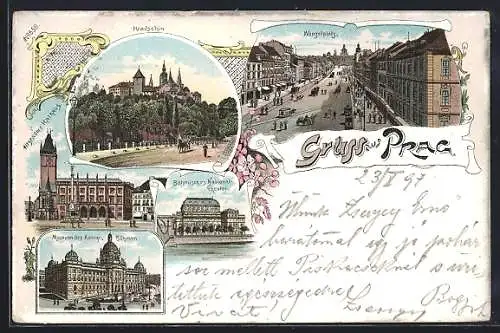 Lithographie Prag, Wenzelplatz, Hradschin, Böhmisches Nationaltheater