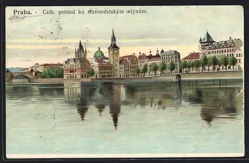 Lithographie Prag / Praha, Celk. pohled ku staromestskym mlynum