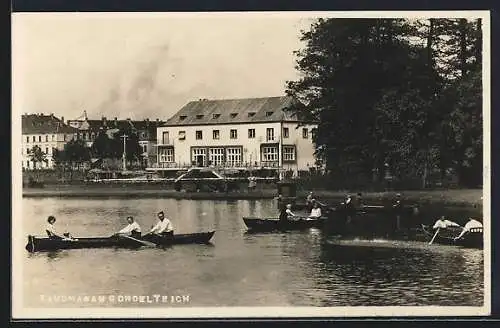 AK Taucha, Partie am Gondelteich mit Café Sitz, Ruderboote