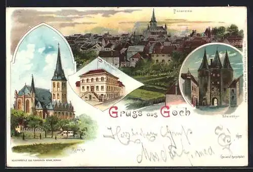 Lithographie Goch, Steinthor, Rathaus, Kirche