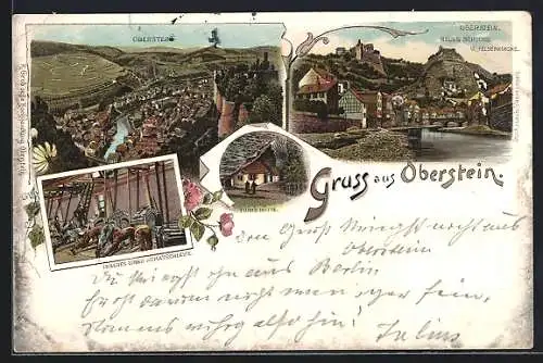 Lithographie Oberstein, Neues Schloss und Felsenkirche, Fuhr`s Hütte, Inneres eine Achatschleife