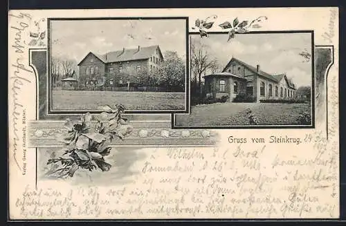 AK Holzminden, Gasthof Steinkrug mit Pavillon in zwei Ansichten, Blumen, Ornamente