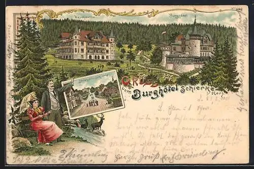 Lithographie Schierke i. Harz, Burghotel mit Dependance und Strasse in Schierke