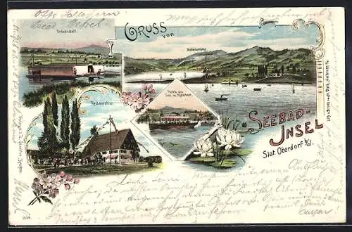 Lithographie Oberdorf b. Immenstadt, Seebadinsel mit Partie am See und Motorboot