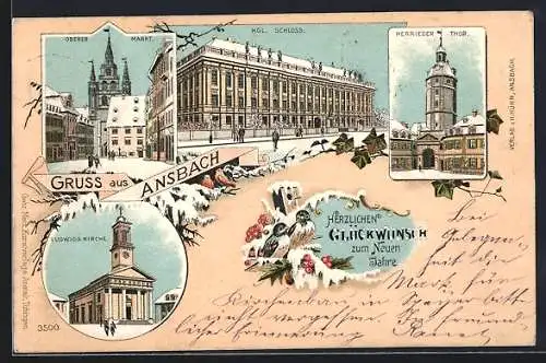 Lithographie Ansbach, Partie am kgl. Schloss, Herrieder Thor, Oberer Markt und Ludwigskirche