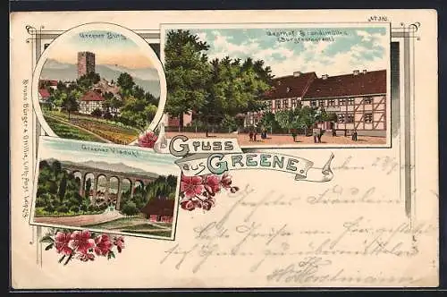 Lithographie Greene, Gasthof Brandtmüller / Burgrestaurant, Viadukt und Burg