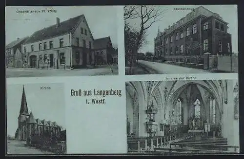 AK Langenberg i. Westf., Geschäftshaus Fl. König, Krankenhaus und Kirche