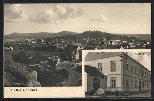 AK Collmen / Wurzen, Gasthof, Blick auf den Ort