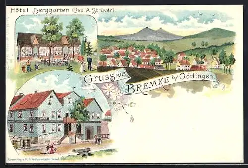 Lithographie Bremke b. Göttingen, Hotel Berggarten, Totalansicht