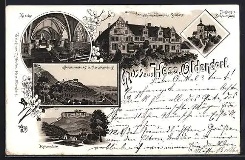 Lithographie Hessisch Oldendorf, Kirche, Münchhausens Schloss, Schaumburg, Hohenstein