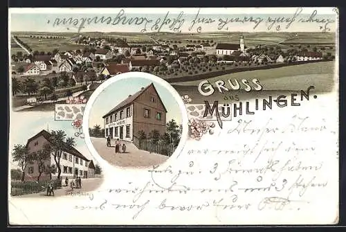 Lithographie Mühlingen, Schulhaus, Geschäft Otto Weit und Panorama