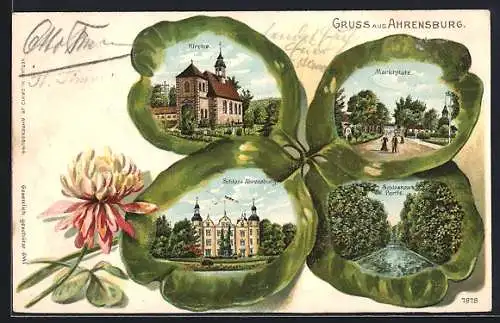 Passepartout-Lithographie Ahrensburg / Holstein, Kirche, Schlosspark und Schloss Ahrensburg