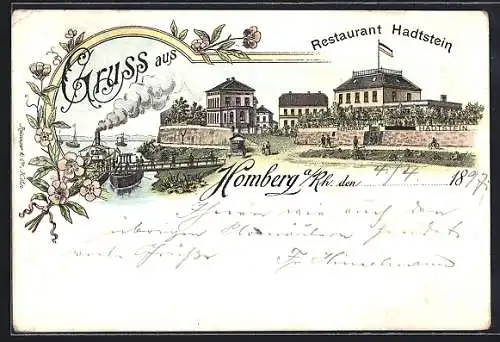Lithographie Homberg /Rh., Restaurant Hadtstein mit Fähranleger