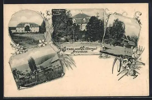 AK Friemen, Rittergut Friemen, Wirtschaftshof, Herrenhaus, Gartenhaus im Park