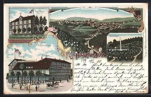 Lithographie St. Andreasberg i. H., Logishaus, Hotel Schützenhaus und Teichanlagen