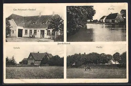 AK Jardelund, Gasthof Chr. Petersen, Weide mit einer Kuh, Schule