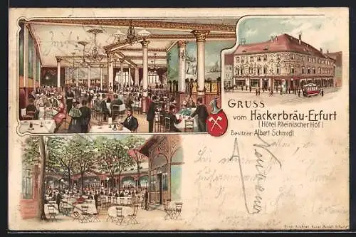 Lithographie Erfurt, Hotel Rheinischer Hof, Strassenbahn