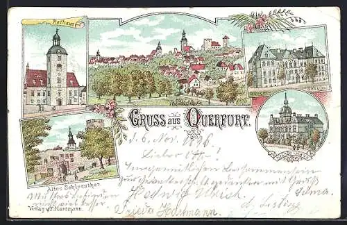 Lithographie Querfurt, Bürgerschule, Stände-Haus, Altes Schlosstor, Rathaus