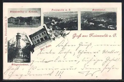 AK Freienwalde a. O., Brunnenhôtel und Kurhaus, Emil Fiehn Geschäftshaus, Kriegerdenkmal