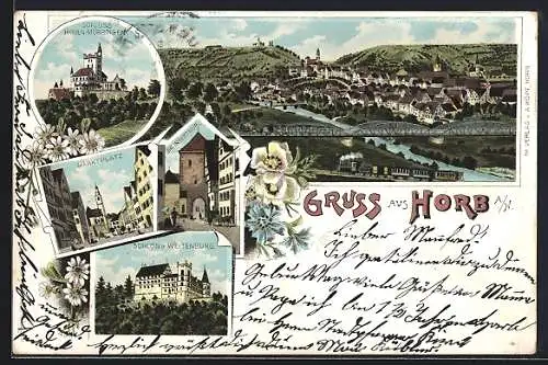 Lithographie Horb a. N., Schloss Hohen-Mühringen, Schloss Weitenburg, Ihlingertor