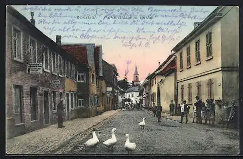 AK Wörrstadt, Pariserstrasse mit Kirche und Gänsen