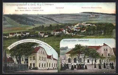 AK Scheubengrobsdorf, Gasthaus zum Lindenhof, Volksspielplatz, Gartenlokal, Bes. R. Bräuner, Sanatorium Einseerberg