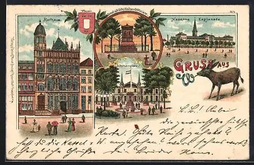 Lithographie Wesel / Rhein, Kaserne, Schützenplatz und Stadtwappen